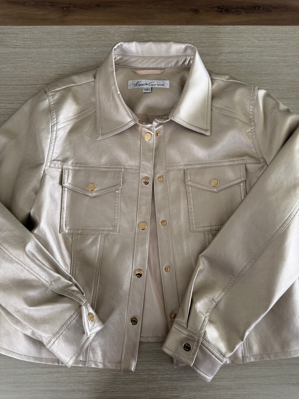 Kenneth Cole Metallic Cream Jean Trucker Jacket with Gold Buttons